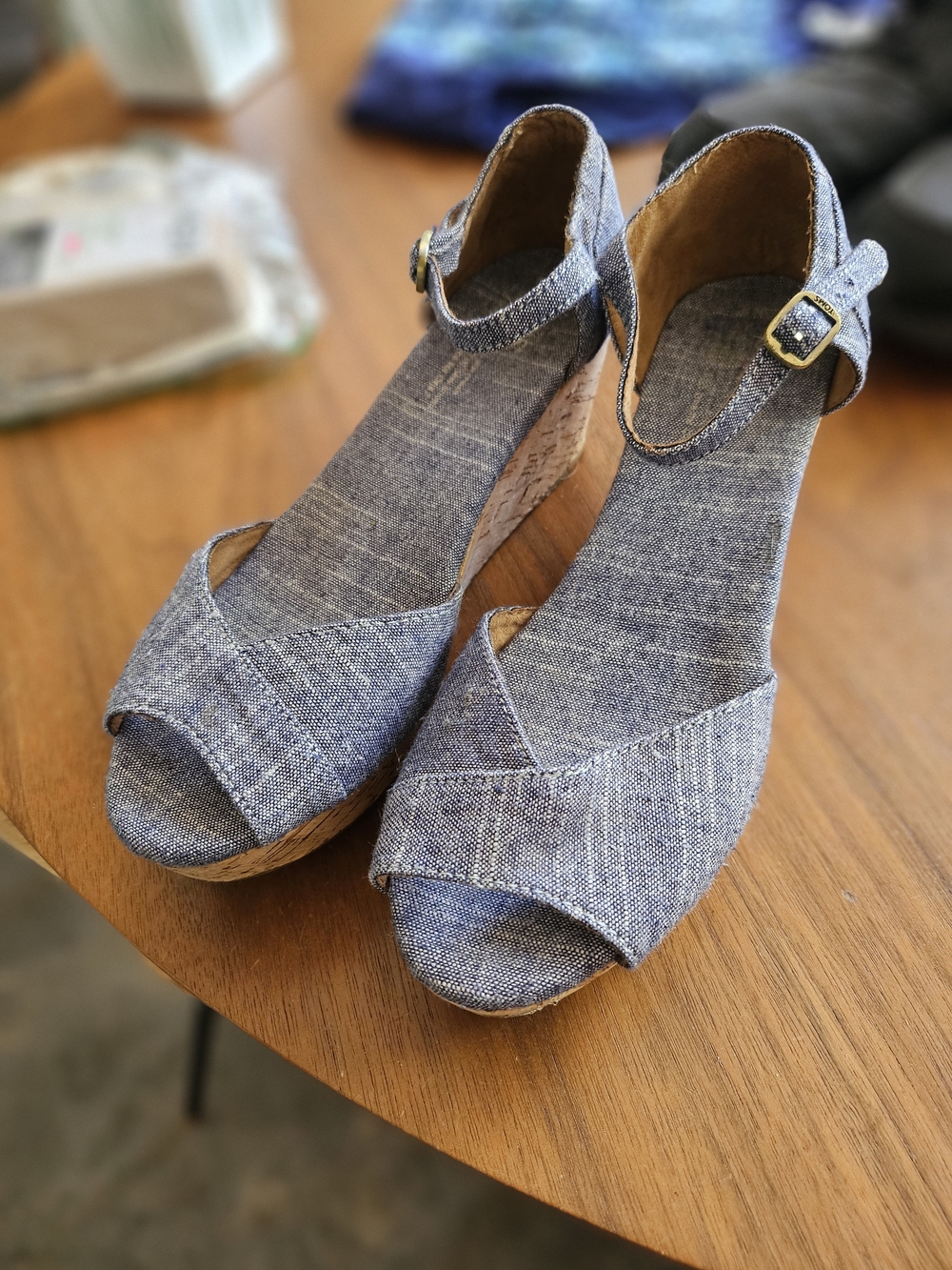 Toms Blue Denim Chambray Espadrille Wedge Sandals with Ankle Strap 8M
